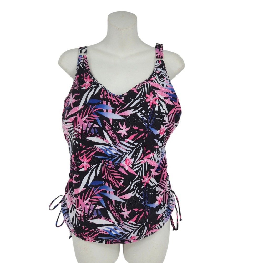 Kate Kasin Tankini Top Women XL Tropical Floral Pink Blue Ruched Swimwear Beach
